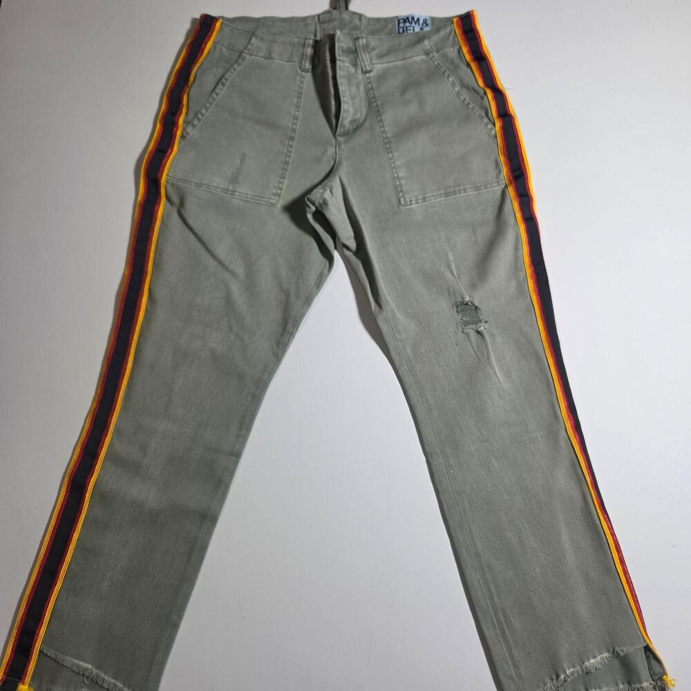 PAM & GELA Pants Womens 28 Green Twill Side Stripe Ankle Stretch Utility Pockets